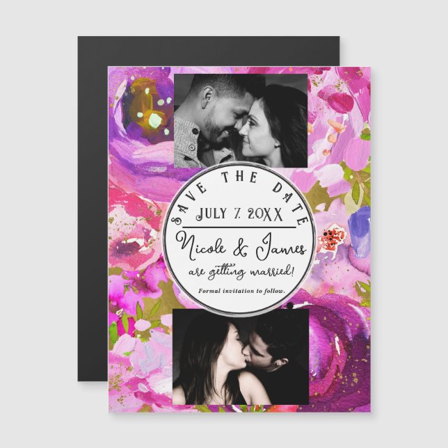 Pops of Pink & Purple Vibrant Floral Save the Date (Front/Back)