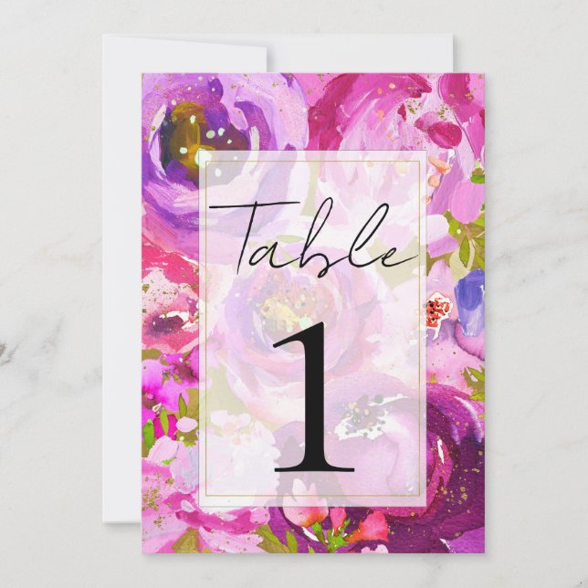 Pops of Pink & Purple Vibrant Floral Table Number (Front)