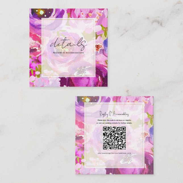 Pops of Pink Purple Vibrant Floral Wedding Details Square Business Card (Front/Back)