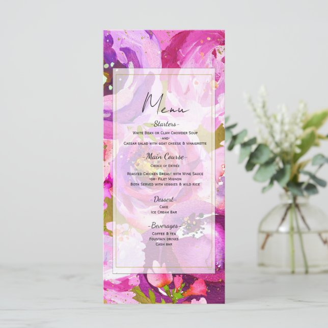 Pops of Pink & Purple Vibrant Floral Wedding Menu (Standing Front)