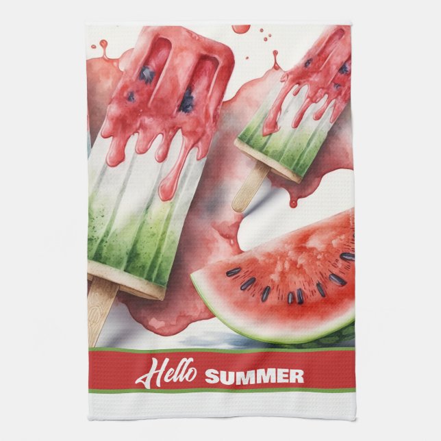 Popscles and Watermelon, HELLO SUMMER  Tea Towel (Vertical)