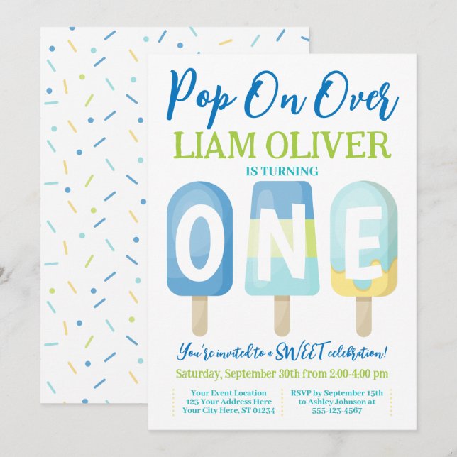 Popsicle 1st Birthday Invitation, Pop on Over Invitation (Front/Back)