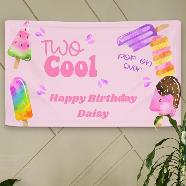 Popsicle Party Two Cool Pink 2nd Birthday Party Banner (Creator Uploaded)
