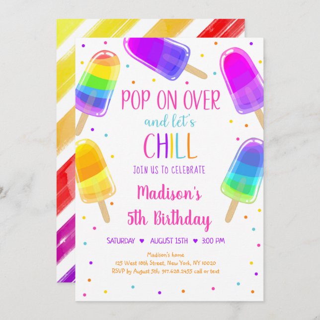 Popsicle Rainbow Pink Girl Birthday Invitation (Front/Back)