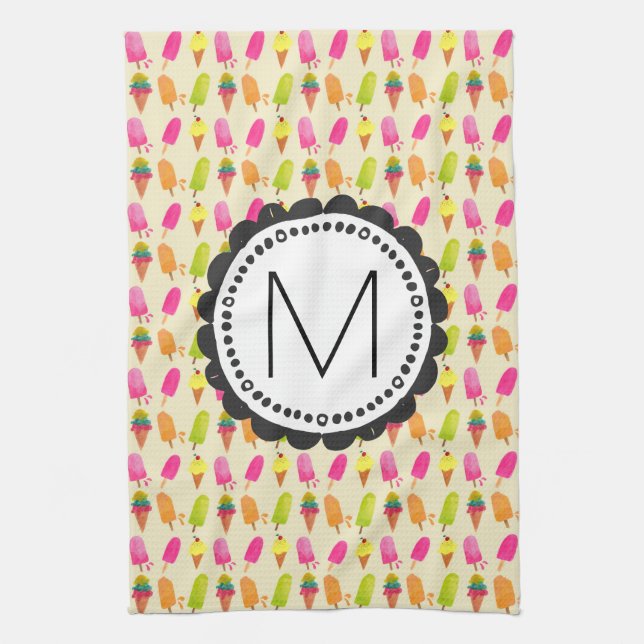 Popsicles and Ice Cream Cones Custom Monogram Tea Towel (Vertical)