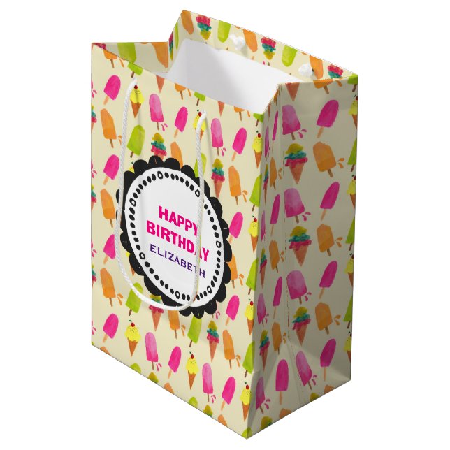 Popsicles and Ice Cream Pattern Happy Birthday Medium Gift Bag (Front Angled)