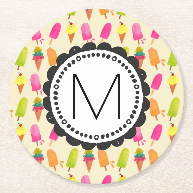 Popsicles and Ice Cream Personalised Monogram Round Paper Coaster (Front)