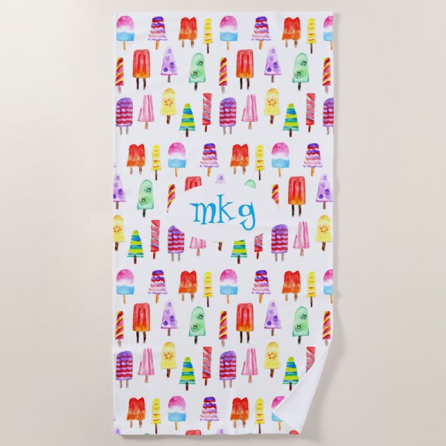 Popsicles Bright Watercolor Monogram Beach Towel (Front)