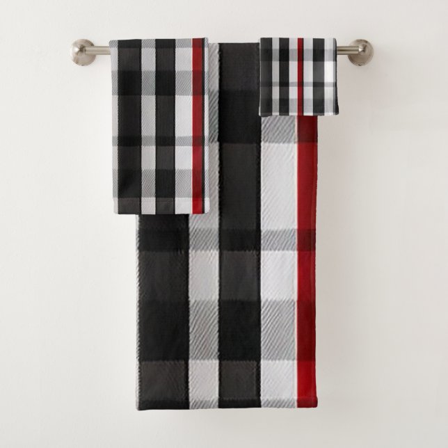 Popular Abstract Red Black Plaid Collection Bath Towel Set (Insitu)