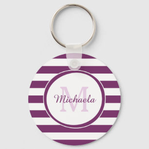 Popular Bright Purple Stripes Pattern and Monogram Key Ring