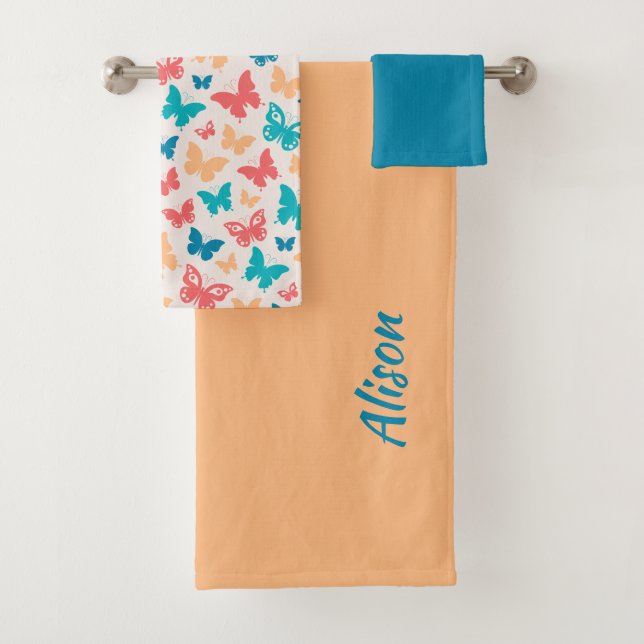 Popular Butterfly pattern beige pink turquoise Bath Towel Set (Insitu)