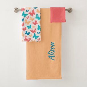 Popular Butterfly pattern  pink turquoise coral Bath Towel Set