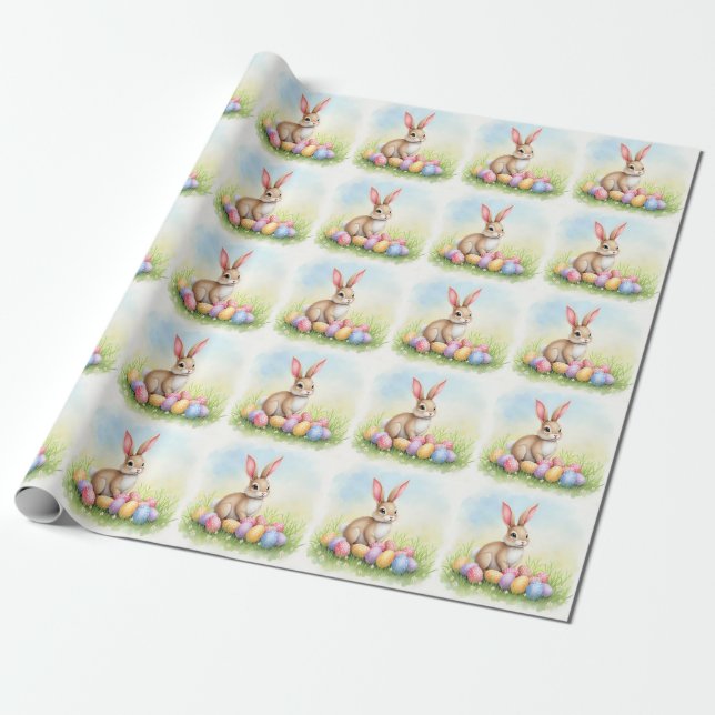 Popular Cute Easter Bunny And Eggs Collection Wrapping Paper (Unrolled)