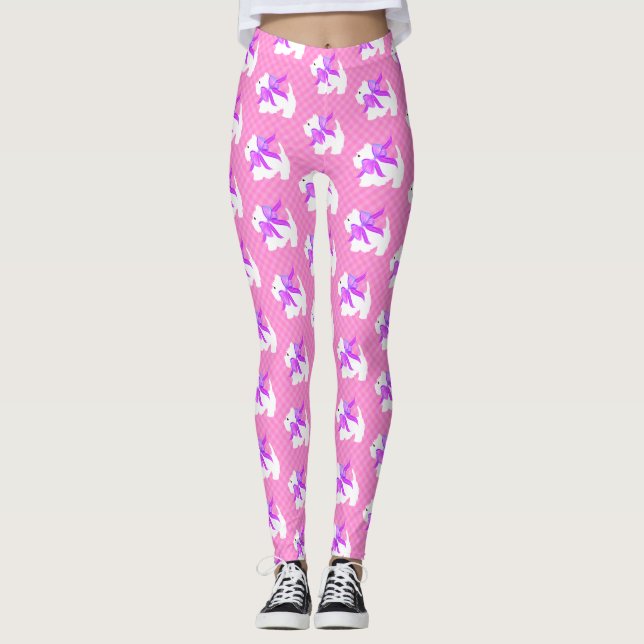  Popular Cute White Westie Dog Pink Check  Leggings (Front)