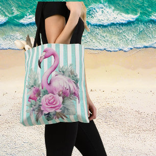 Popular Floral Pink Flamingo on Mint Stripe Tote Bag