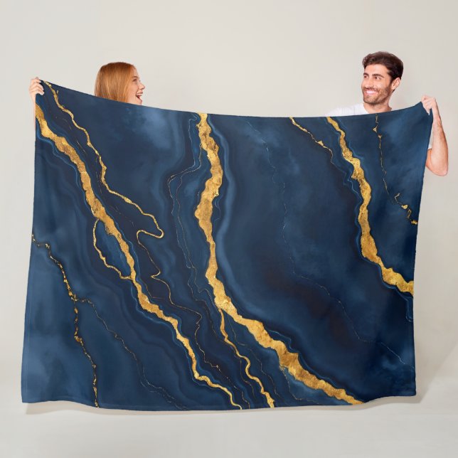 Popular Navy Blue Gold Marble Collection Fleece Blanket (In Situ)