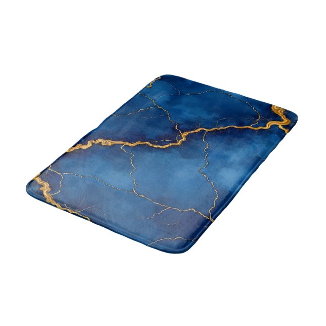 Popular Royal Blue Gold Marble Collection Bath Mat (Angled)