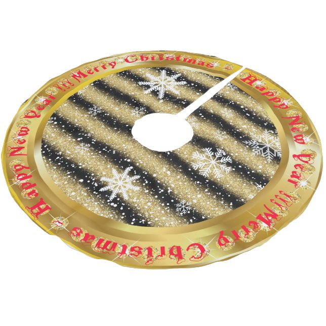 Popular Snowflake Gold Glitter Black Brushed Polyester Tree Skirt (Angled)
