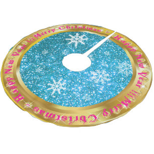 Popular Snowflake Gold Glitter Blue Brushed Polyester Tree Skirt