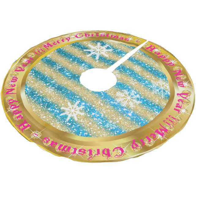 Popular Snowflake Gold Glitter Blue Brushed Polyester Tree Skirt (Angled)