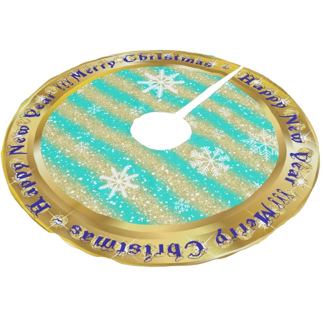 Popular Snowflake Gold Glitter Turquoise Brushed Polyester Tree Skirt (Angled)