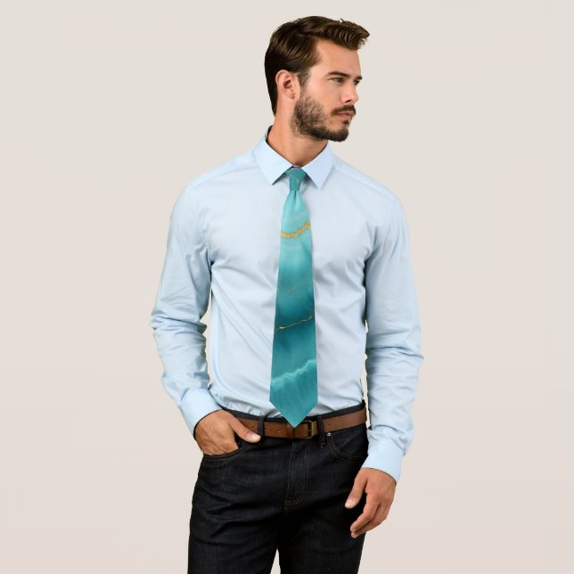 Popular Turquoise Blue Gold Marble Collection Tie (In Situ)