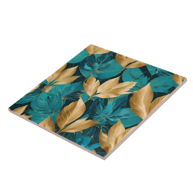 Popular Turquoise Gold Boho Leaves Collection Tile (Side)