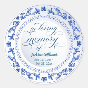 Porcelain Blue Floral Funeral   Classic Round Sticker