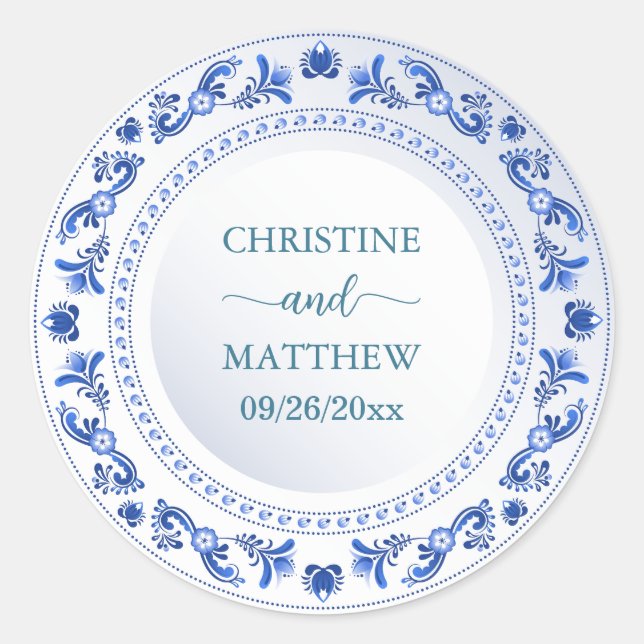 Porcelain Blue Floral Wedding Favour Classic Round Sticker (Front)