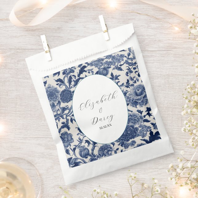 Porcelain Elegance: Blue Floral Wedding Favour Bags (Clipped)