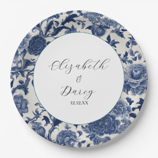 Porcelain Elegance: Blue Floral Wedding Paper Plate