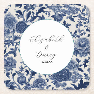Porcelain Elegance: Blue Floral Wedding Square Paper Coaster