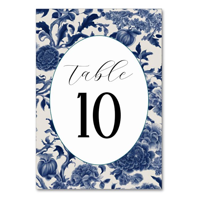 Porcelain Elegance: Blue Floral Wedding Table Number (Front)