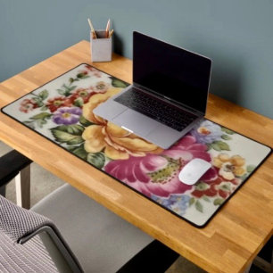Porcelain-Inspired Floral Custom Desk Mat
