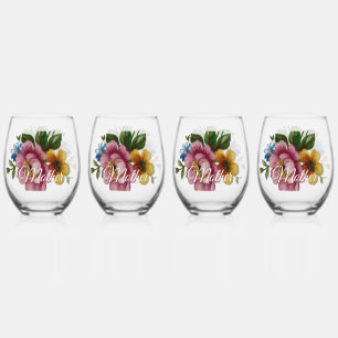 Porcelain Inspired Floral Drinkware Set Stemless Wine Glass