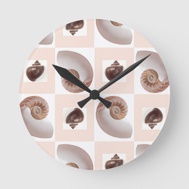Porcelain Seashell Chequerboard Pattern Peach Round Clock (Front)