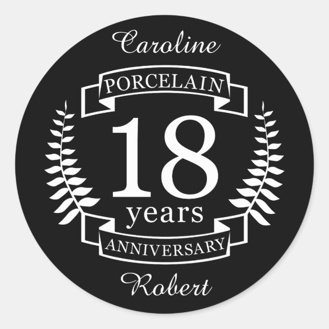 Porcelain traditional wedding anniversary 18 years classic round sticker (Front)