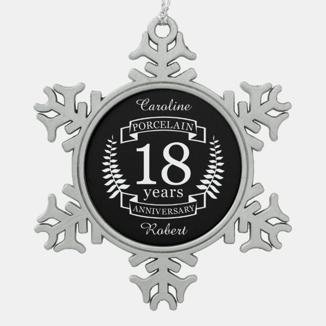 Porcelain traditional wedding anniversary 18 years snowflake pewter christmas ornament (Front)