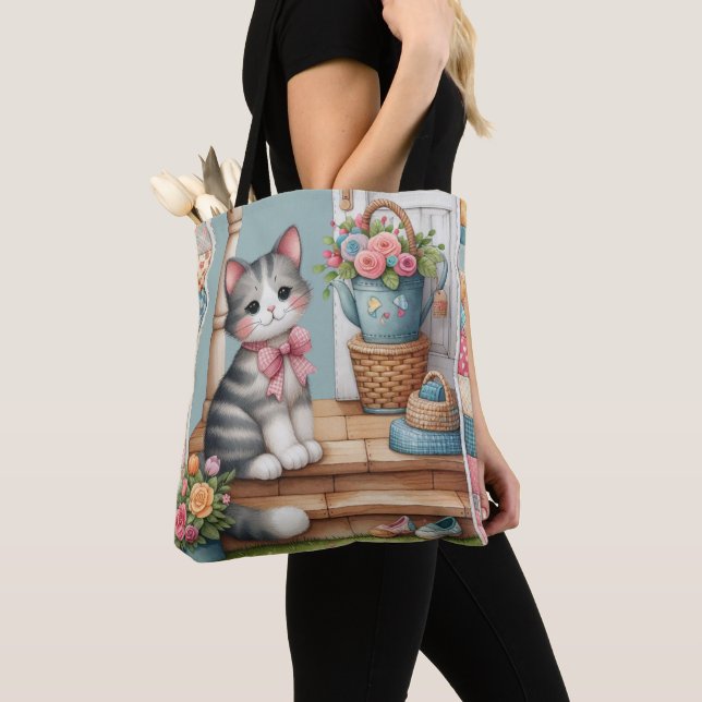 Porch Kitty Floral Patchwork Scene Tote Bag (Close Up)