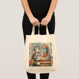 Porch Kitty Floral Patchwork Scene Tote Bag