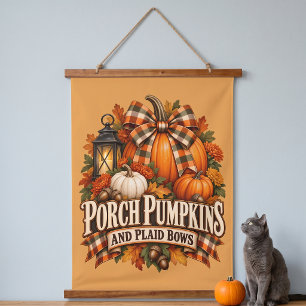 Porch Pumpkins Plaid Bows Autumn Cottagecore Hanging Tapestry