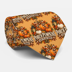 Porch Pumpkins Plaid Bows Autumn Cottagecore Tie