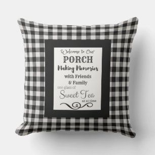 Porch Tea Typography Black and White Buffalo Check Cushion