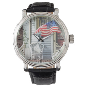 Porch With Flag And Wicker Chair Watch