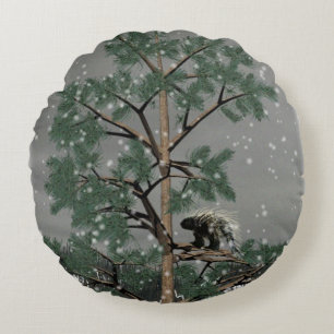 Porcupine In A Pine Tree Round Cushion