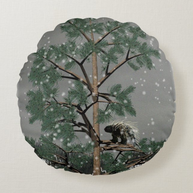 Porcupine In A Pine Tree Round Cushion (Front)