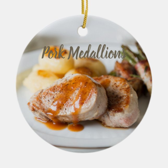 Pork medallions tenderloin with potatoes and beans ceramic tree decoration (Front)