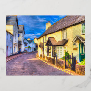 Porlock High Street Somerset Art Foil Holiday Postcard