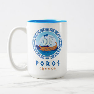 Poros, Greece Greek Ship Design Two-Tone Coffee Mug
