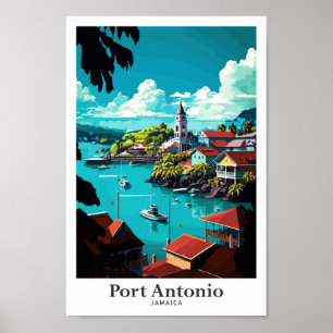 Port Antonio Jamaica Vintage Travel Illustration Poster